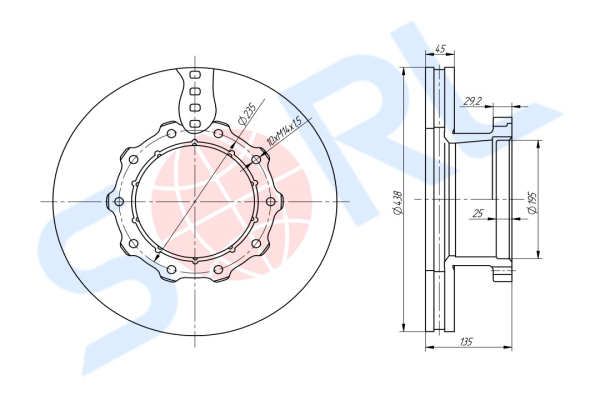 Диск тормозной 438/195x45/135 10n-235-M14x1.5 MB (3564210312)