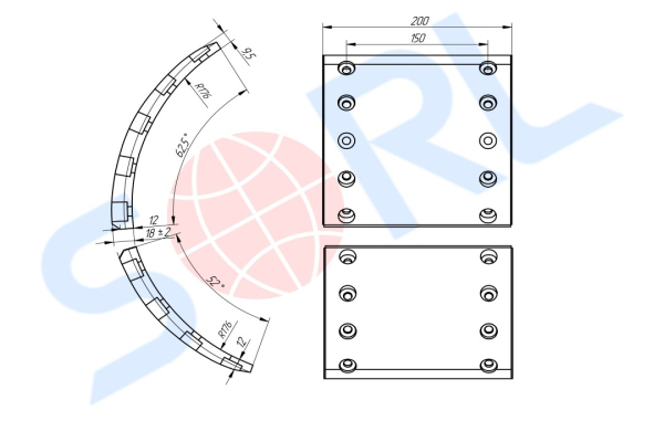 Накладка тормозная, к-т 8шт+заклепки 72шт 360x200 STD BPW (19902)