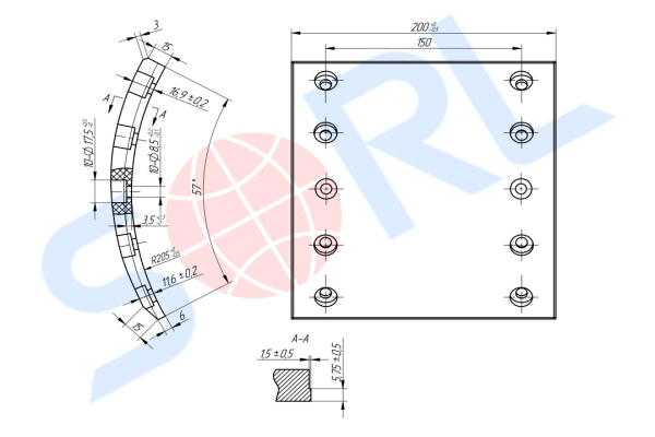 Накладка тормозная, к-т 8шт+заклепки 80шт 420x200 STD BPW, DAF, SAF (19094)